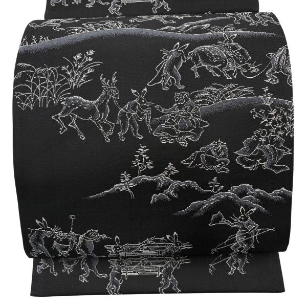 美品 袋帯 逸品 鳥獣戯画 黒灰 全通 正絹 中古 : リユースセレクト 