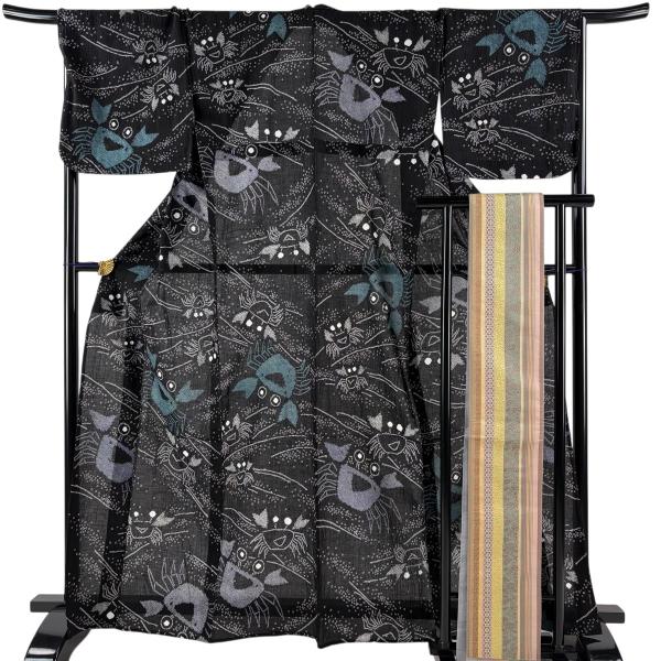 浴衣 身丈166cm 裄丈67.5cm L 絞り浴衣 半幅帯セット カニ 黒 綿 名品