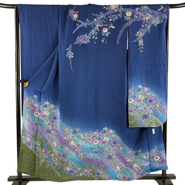 振袖 身丈157.5cm 裄丈68.5cm L 袷 落款あり 辻が花 金彩 ぼかし 青 