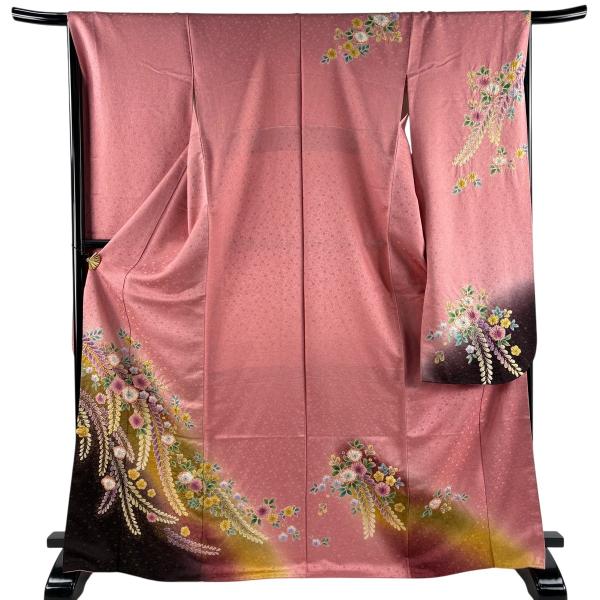 振り袖　正絹　辻が花孔雀柄　未使用品 振袖 身丈168.5cm 裄丈66.5cm M 袷 辻が花柄 金通し 金彩 ピンク 正絹