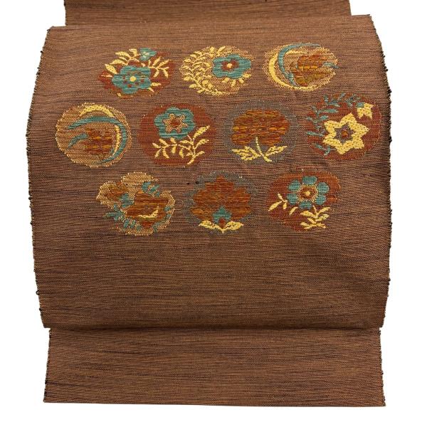 名古屋帯 優品 紬地 八寸名古屋帯 草花 茶色 正絹 中古