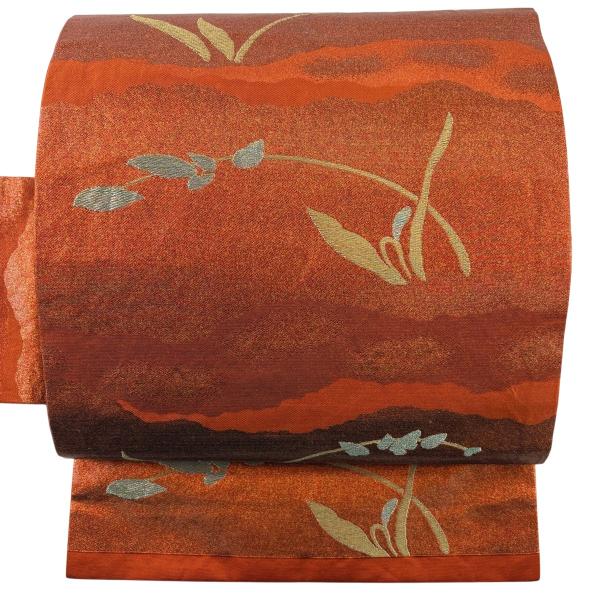 名古屋帯 優品 草花 霞 金糸 箔 オレンジ 正絹 中古
