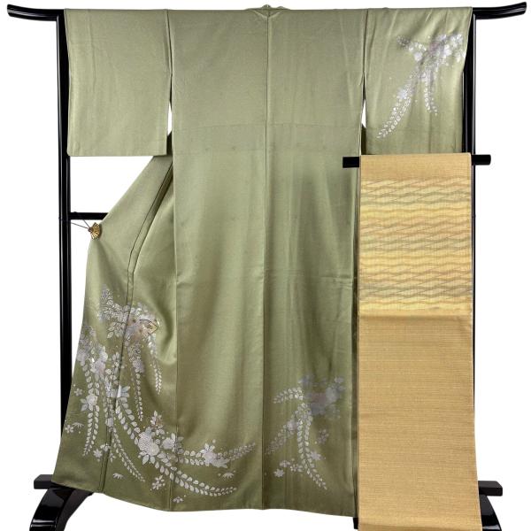 美品 付下げ 身丈163.5cm 裄丈65cm M 袷 辻が花柄 扇面 刺繍 銀彩 灰緑