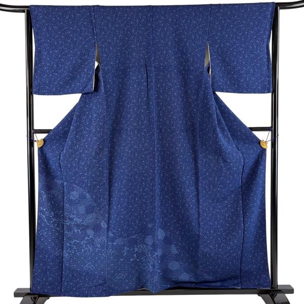 付下げ 身丈159cm 裄丈64cm M 袷 菊 扇子 縮緬 藍色 正絹 秀品 中古