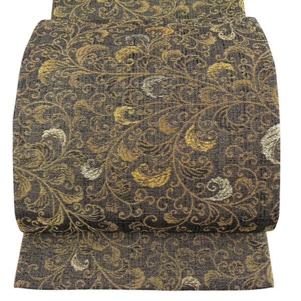 美品 袋帯 逸品 誉田屋源兵衛 落款あり 唐草 葉柄 箔 金色 お太鼓柄