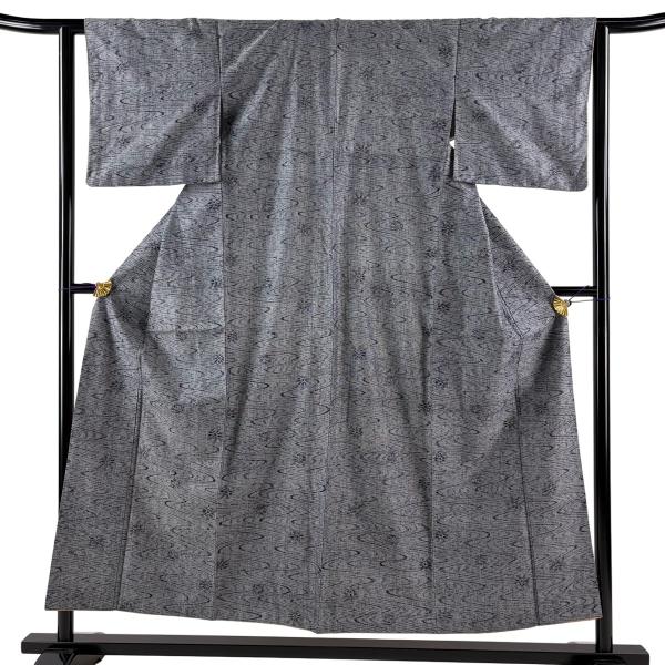 紬 身丈152cm 裄丈62cm S 袷 流水 花 灰色 正絹 優品 中古