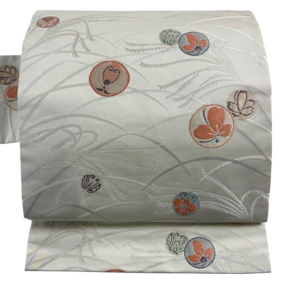 名古屋帯 優品 蝶 芝 箔 灰白 正絹 中古
