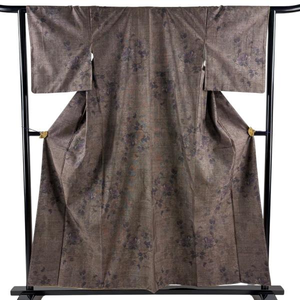 大島紬 身丈156cm 裄丈64cm M 袷 証紙あり 草花 焦茶色 正絹 秀品 中古