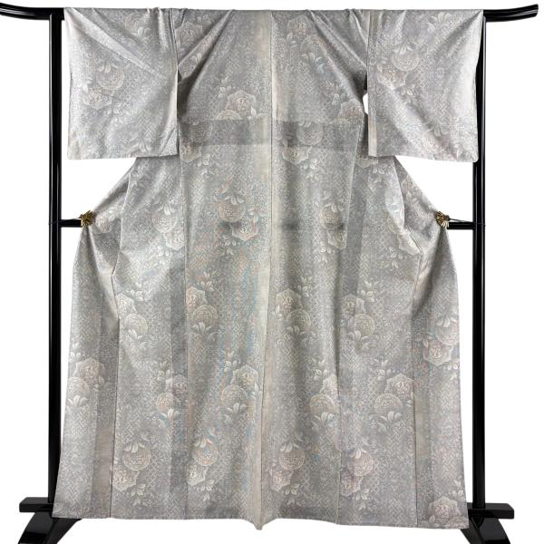 美品 大島紬 身丈163.5cm 裄丈65.5cm M 単衣 証紙あり 草花 鏡裏文 灰