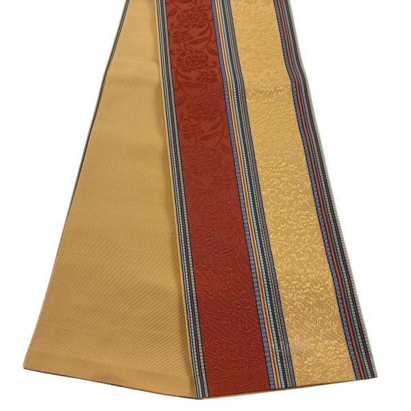 美品 半幅帯 名品 博多織 証紙 ポケット付 花唐草 縞 赤茶 正絹 中古