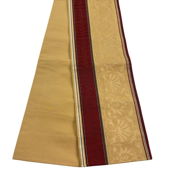 美品 半幅帯 秀品 草花 縞 ベージュ 正絹 中古