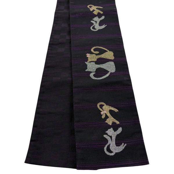 半幅帯 優品 猫 段縞 箔 黒 化繊 中古