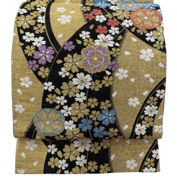 袋帯 秀品 桜 幾何学 箔 金糸 黒 六通 正絹 中古