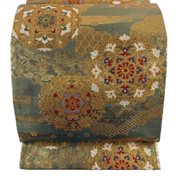 美品 袋帯 秀品 華文 雲文 金糸 箔 薄緑 六通 正絹 中古