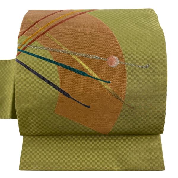 名古屋帯 秀品 扇面 簪 銀糸 箔 灰緑 正絹 中古
