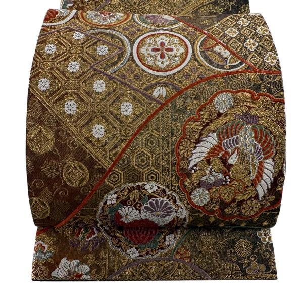袋帯 秀品 花鳥 有職文様 金銀糸 箔 金茶 六通 正絹 中古