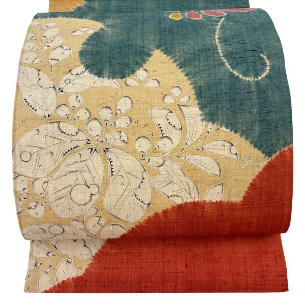 美品 袋帯 秀品 紬地 草花 絞り ベージュ お太鼓柄 正絹 中古