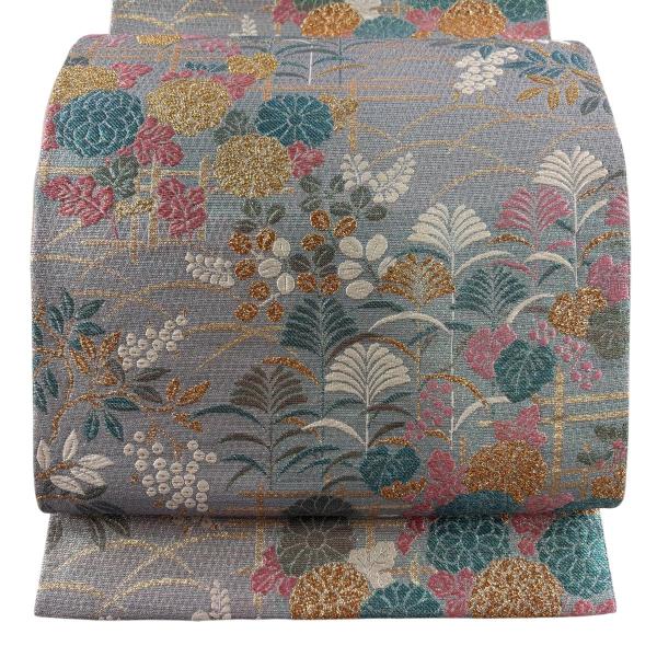美品 袋帯 秀品 菊 草花 箔 水色 六通 正絹 中古