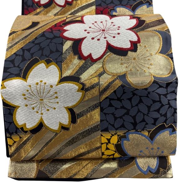 袋帯 秀品 桜 波 唐織 箔 黒 六通 正絹 中古