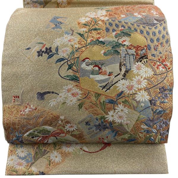 袋帯 秀品 関西仕立て 文箱 花鳥 金糸 箔 金色 六通 正絹 中古