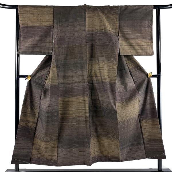 美品 紬 身丈151cm 裄丈62cm S 袷 縞 焦茶色 正絹 秀品 中古 在庫一掃