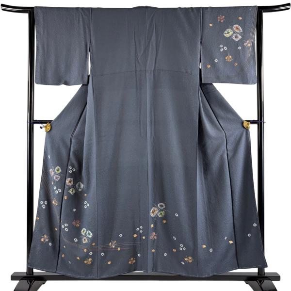 訪問着 身丈154.5cm 裄丈63cm S 袷 花 幾何学模様 絞り 金彩 青灰色 正絹 秀品 中古 在庫一掃