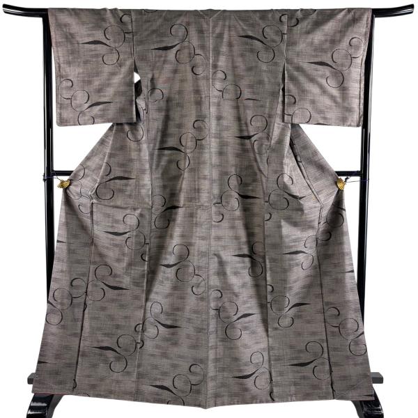 美品 紬 身丈166cm 裄丈65cm M 袷 幾何学 灰茶 正絹 秀品 中古 在庫一掃
