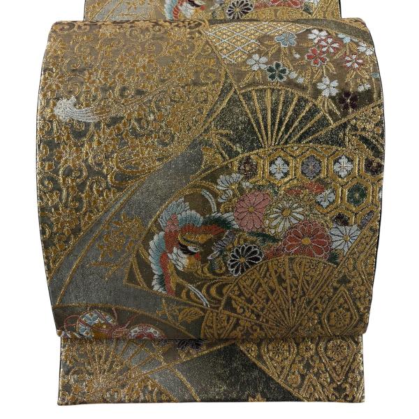 美品 袋帯 秀品 扇 草花 金糸 箔 金色 六通 正絹 中古 在庫一掃