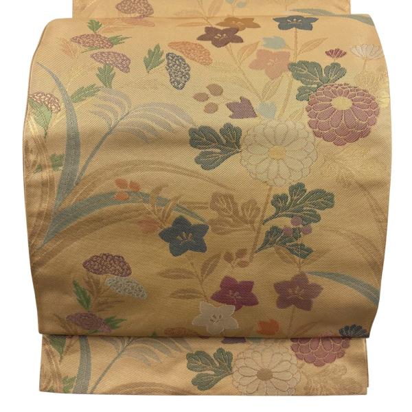 袋帯 秀品 織悦 落款あり 秋草 箔 山吹色 全通 正絹 中古 在庫一掃