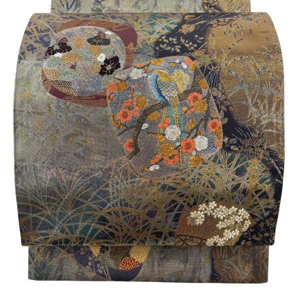 美品 袋帯 秀品 佳花円寿文 花鳥 金銀糸 箔 灰緑 六通 正絹 中古