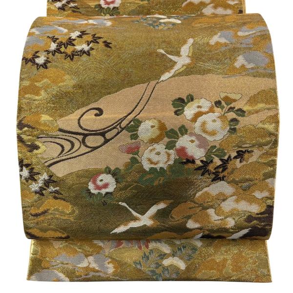 袋帯 秀品 草花 鶴 金糸 箔 金色 六通 正絹 中古