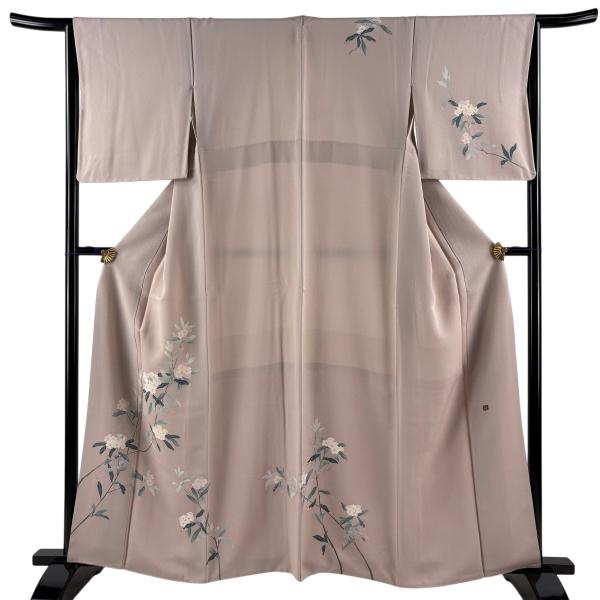 付下げ 身丈161cm 裄丈65.5cm M 袷 落款あり 枝花 ピンクベージュ 正絹 秀品 一つ紋 中古 在庫一掃
