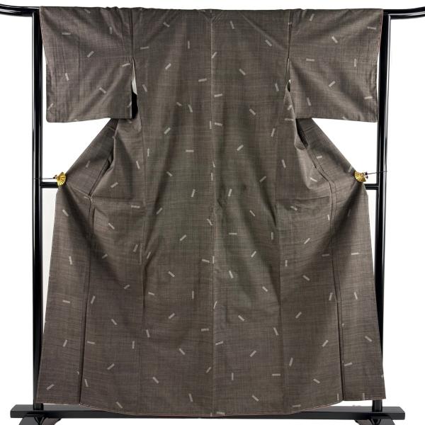 美品 紬 身丈159cm 裄丈65cm M 袷 幾何学模様 焦茶色 正絹 秀品 中古 在庫一掃
