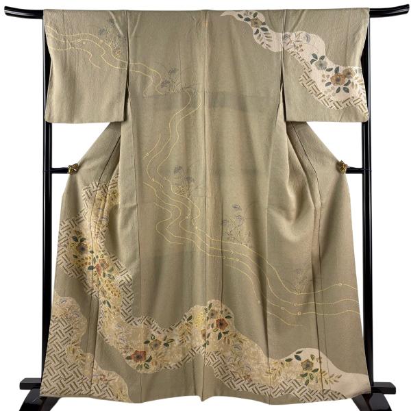 訪問着 身丈161cm 裄丈66.5cm M 袷 霞 辻が花柄 銀通し 灰緑 正絹 秀品 一つ紋 中古 在庫一掃