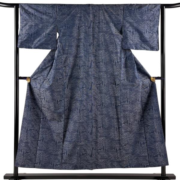 紬 身丈151.5cm 裄丈62.5cm S 袷 建物 樹木 紺色 正絹 優品 中古