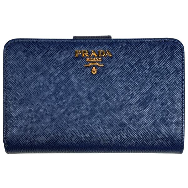 【美品】PRADA サフィアーノレザー 二つ折り財布 ブラック/ブルー PRADA（プラダ） ロゴ 二つ折り 財布 サフィアーノレザー ブルー
