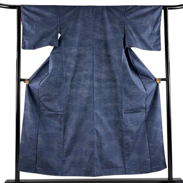 美品 紬 身丈152cm 裄丈62cm S 袷 縦縞 紺色 正絹 優品 中古