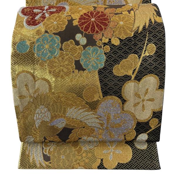 美品 袋帯 秀品 鳥 菊 金銀糸 箔 金色 六通 正絹 中古