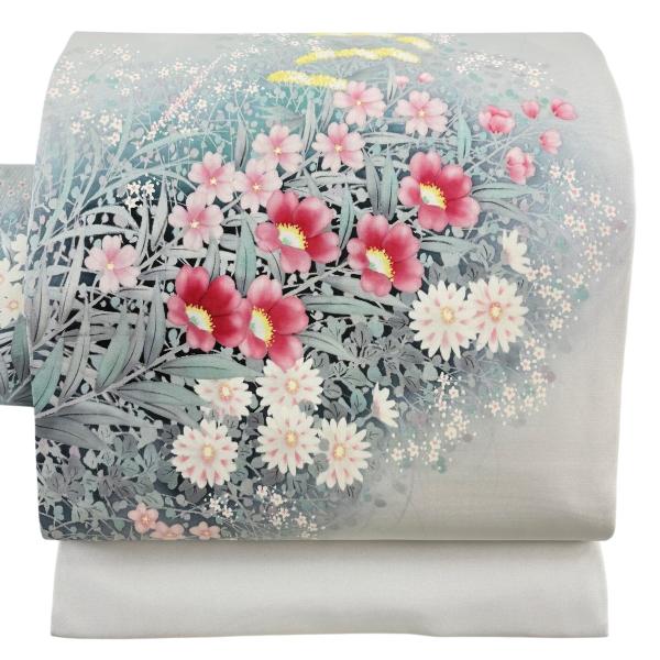 名古屋帯 秀品 落款あり 草花 灰白 正絹 中古