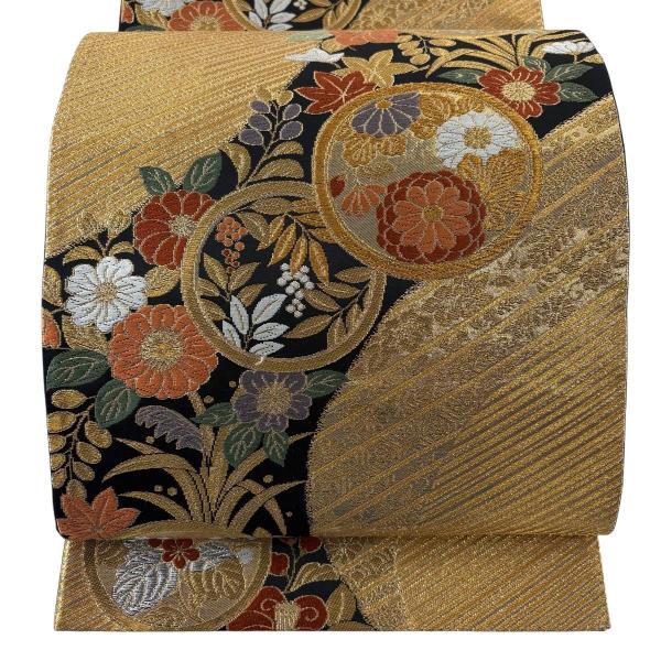 美品 袋帯 秀品 鎌倉文 草花 金銀糸 箔 金色 六通 正絹 中古
