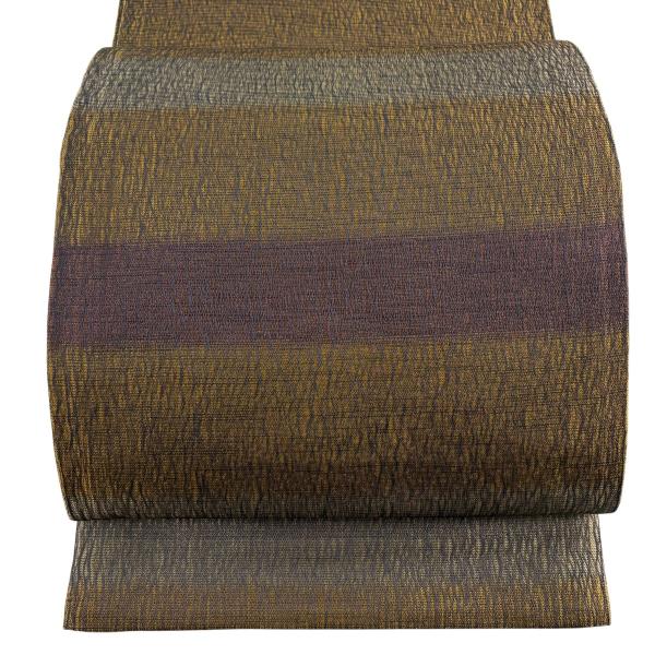 美品 袋帯 秀品 段縞 金糸 山吹茶色 全通 正絹 中古