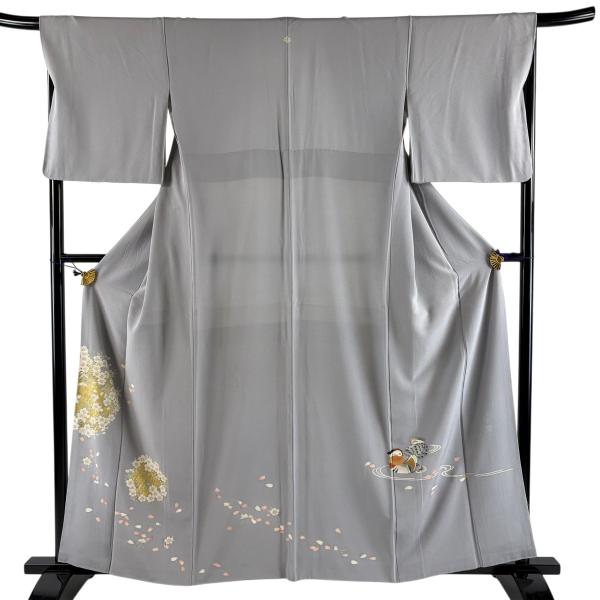 色留袖 身丈160cm 裄丈67cm M 袷 落款あり 花丸紋 桜 金彩 灰紫 正絹 秀品 一つ紋 中古