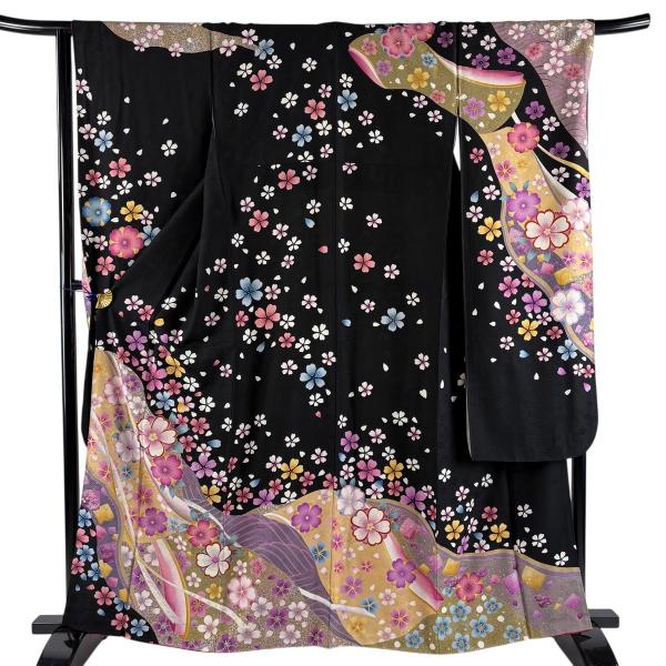 美品 振袖 身丈161.5cm 裄丈65.5cm M 袷 桜 銀糸 金銀彩 黒 正絹 名品 中古
