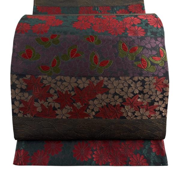 美品 袋名古屋帯 優品 蝶 菊 墨色 化繊 中古