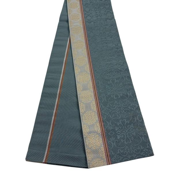 半幅帯 秀品 花 唐草 灰緑 正絹 中古