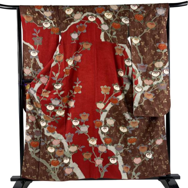 美品 振袖 身丈159cm 裄丈65.5cm M 袷 橘 萩 金糸 金彩 赤 正絹 名品 中古