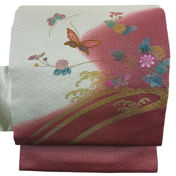 名古屋帯 優品 草花 蝶 金彩 銀通し クリーム 正絹 中古
