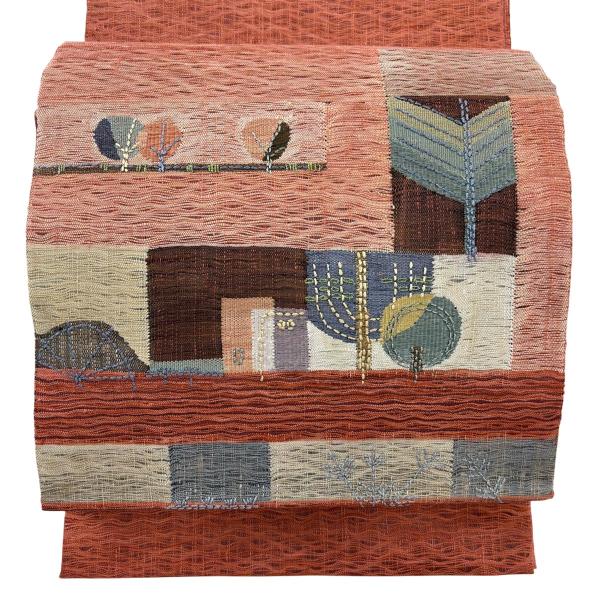 袋帯 秀品 樹木 草花 刺し子刺繍 茜色 お太鼓柄 正絹 中古
