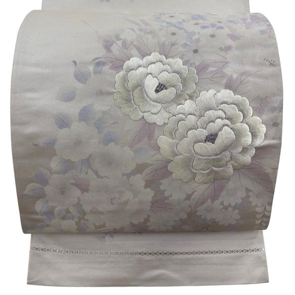 袋帯 秀品 牡丹 草花 刺繍 箔通し 灰紫 お太鼓柄 正絹 中古