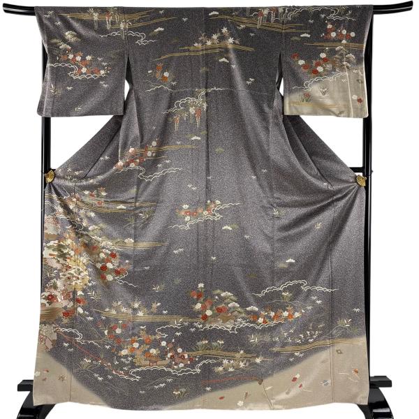 訪問着 身丈169cm 裄丈67.5cm L 袷 家屋 松竹梅 灰紫 正絹 秀品 中古